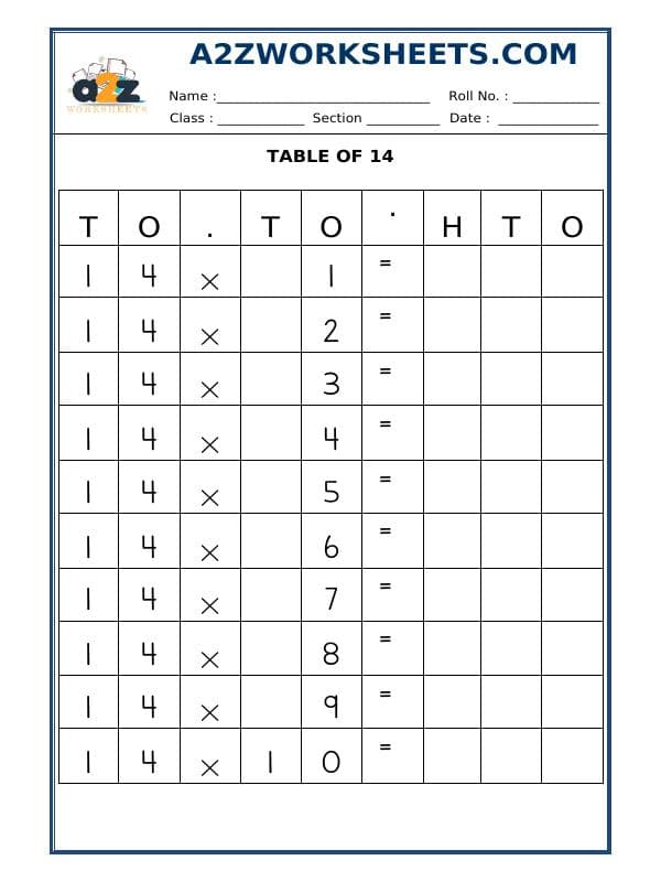 A2ZWorksheets:Maths-Multiplication-Table Of Fourteen