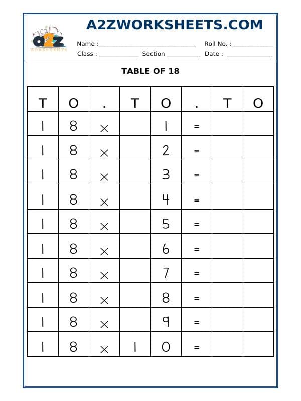 A2ZWorksheets:Maths-Multiplication-Table Of Eighteen