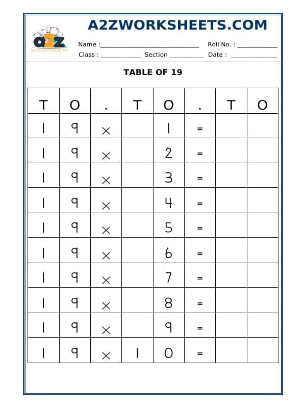 A2ZWorksheets:Maths-Multiplication-Table Of Nineteen