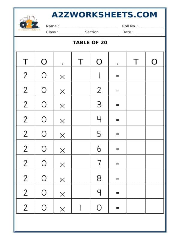 A2ZWorksheets:Maths-Multiplication-Table Of Twenty