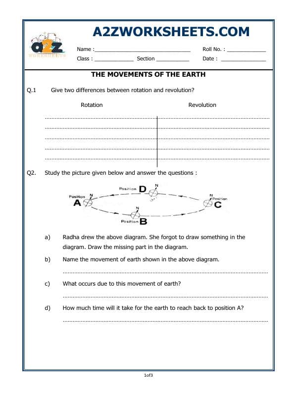 A2ZWorksheets:General Awareness-Solar System and Our Universe-The Movements Of The Earth