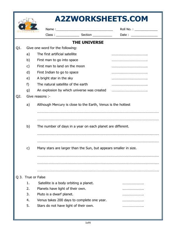 A2ZWorksheets:General Awareness-Solar System and Our Universe-Universe