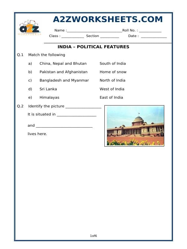 A2ZWorksheets:General Awareness-India and Its Neighbouring Countries-India - Political Features