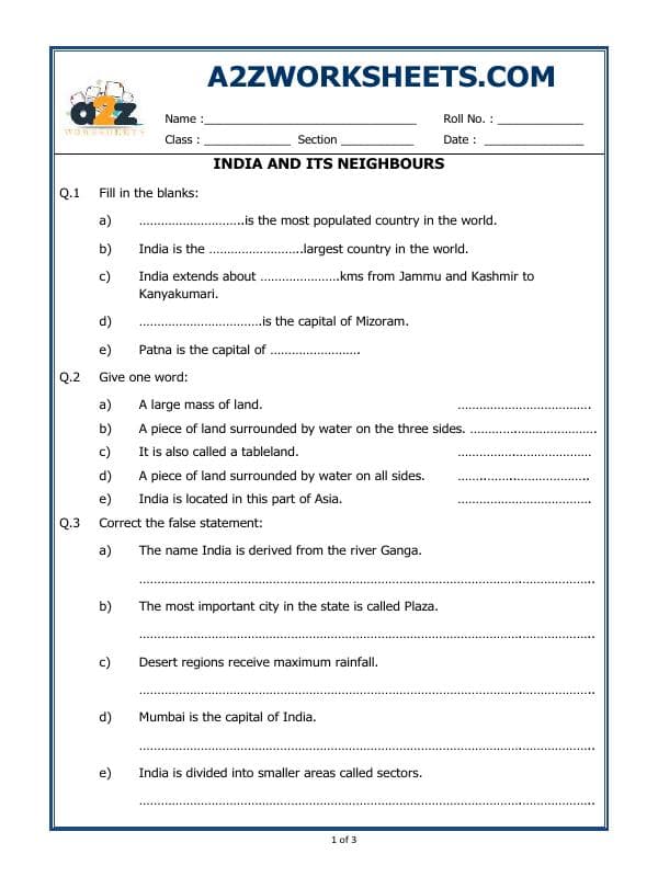 A2ZWorksheets:General Awareness-India and Its Neighbouring Countries-India And Its Neighbours