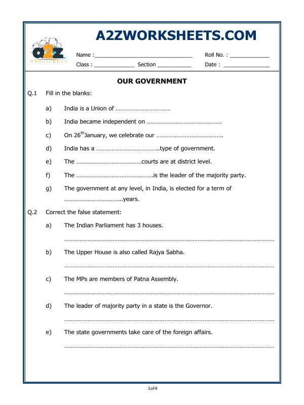 A2ZWorksheets:General Awareness-India and Its Neighbouring Countries-Our Government