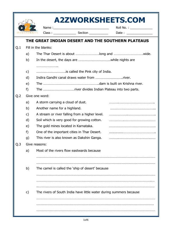 A2ZWorksheets:General Awareness-Geographical Features-The Great Indian Desert And The Southern Plateaus