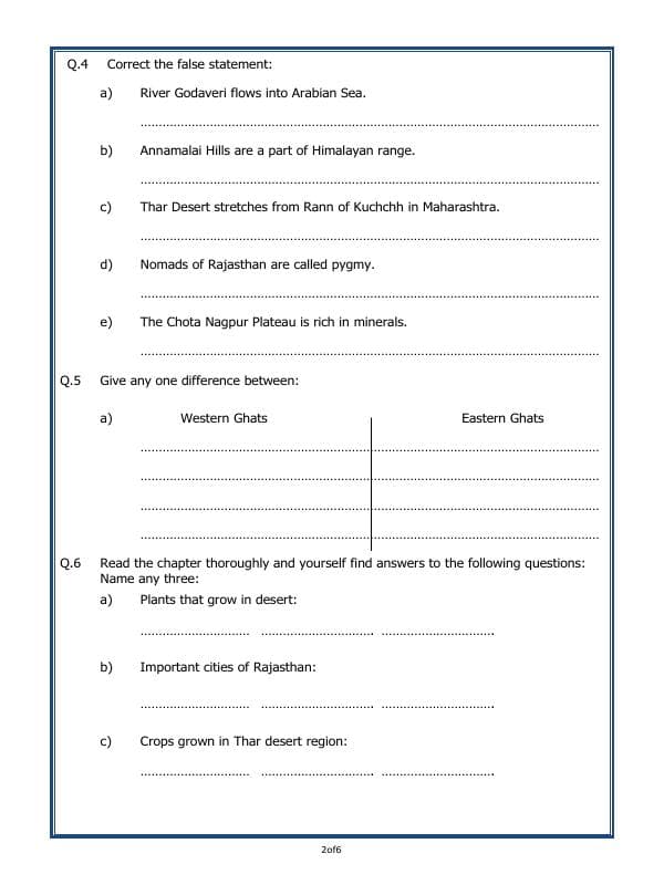 A2ZWorksheets:General Awareness-Geographical Features-The Great Indian Desert And The Southern Plateaus