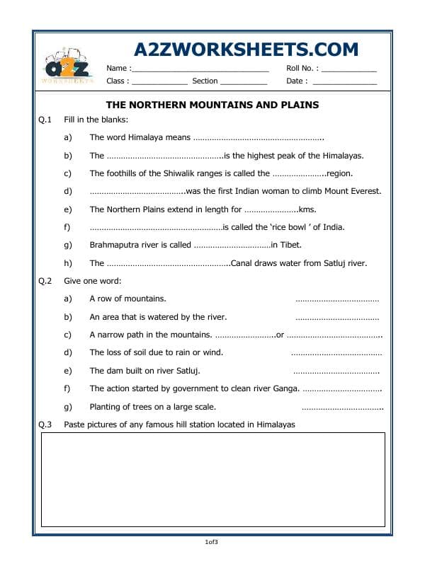 A2ZWorksheets:General Awareness-Geographical Features-The Northern Mountains And Plains