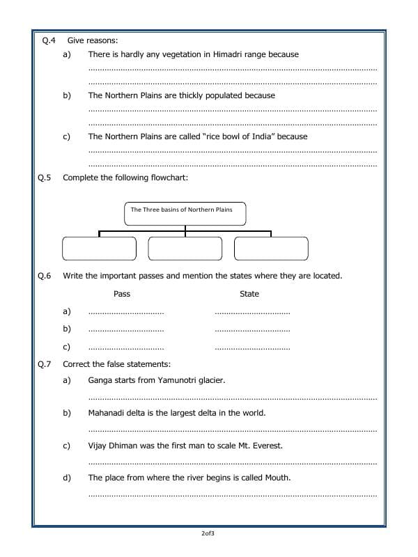 A2ZWorksheets:General Awareness-Geographical Features-The Northern Mountains And Plains