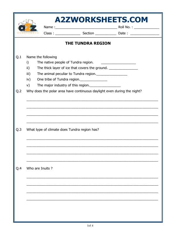 A2ZWorksheets:General Awareness-Geographical Features-The Tundra Region
