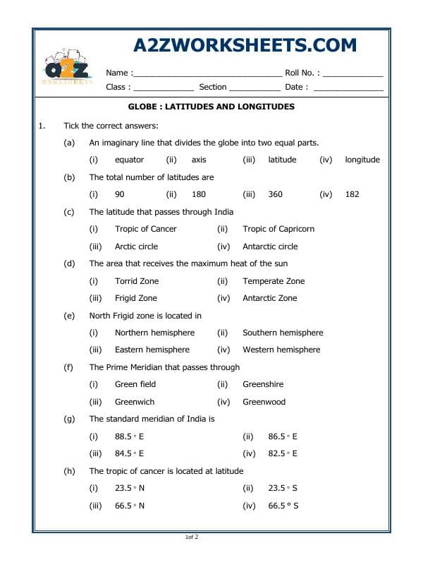 A2ZWorksheets:General Awareness-Maps and Directions-Globe - Latitudes And Longitudes