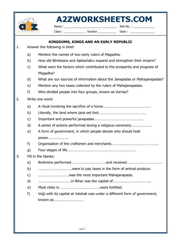 A2ZWorksheets:General Awareness-Our History and Heritage-Kingdoms, Kings And An Early Republic