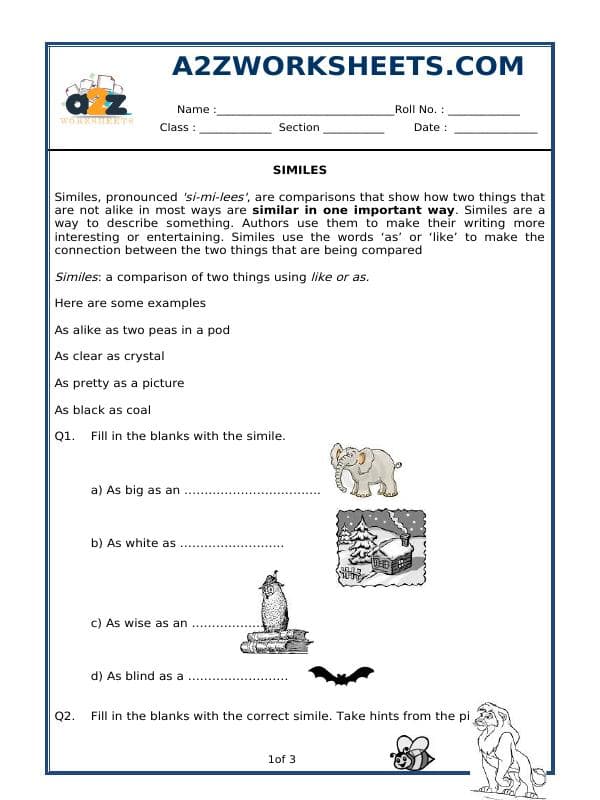 A2ZWorksheets:English-Grammar-Similes
