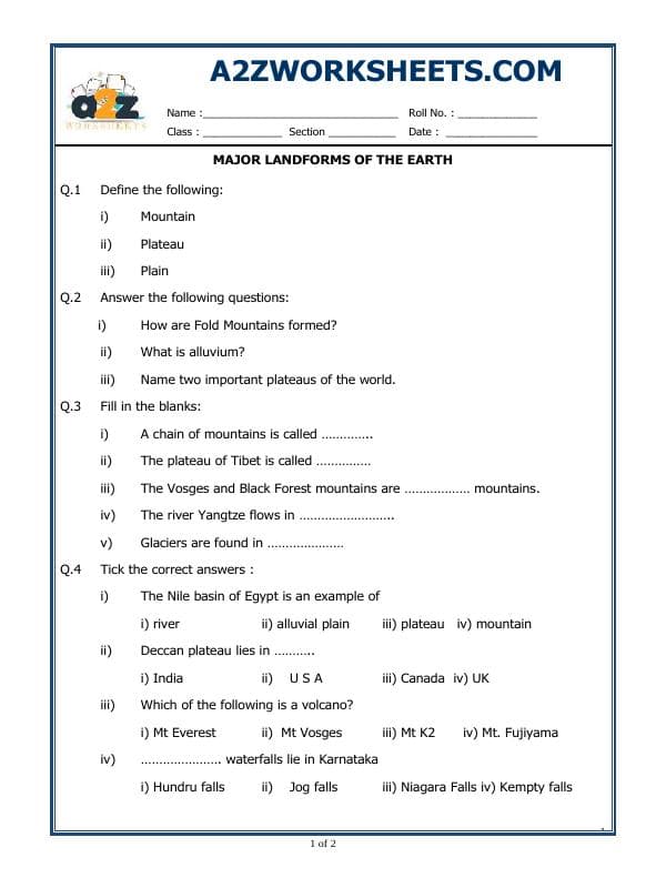 A2ZWorksheets:General Awareness-Geographical Features-Major Landforms Of The Earth