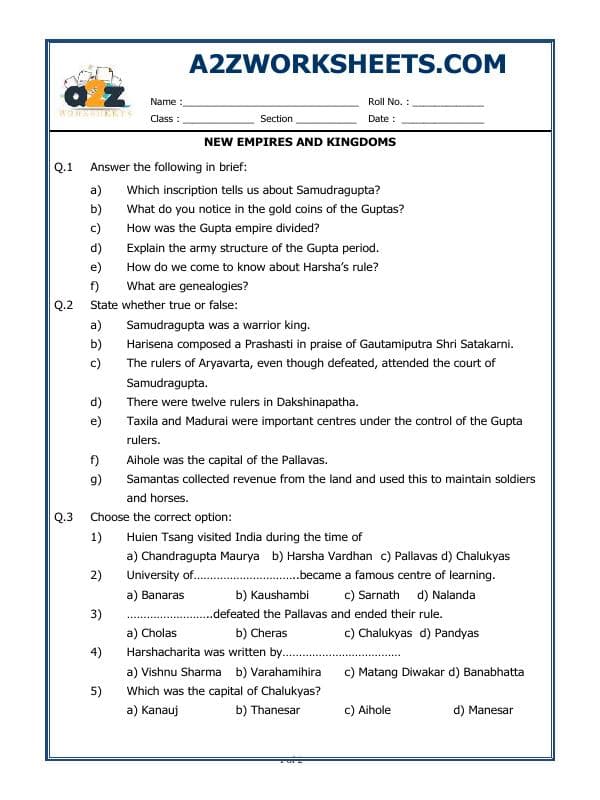 A2ZWorksheets:General Awareness-Our History and Heritage-New Empires And Kingdoms
