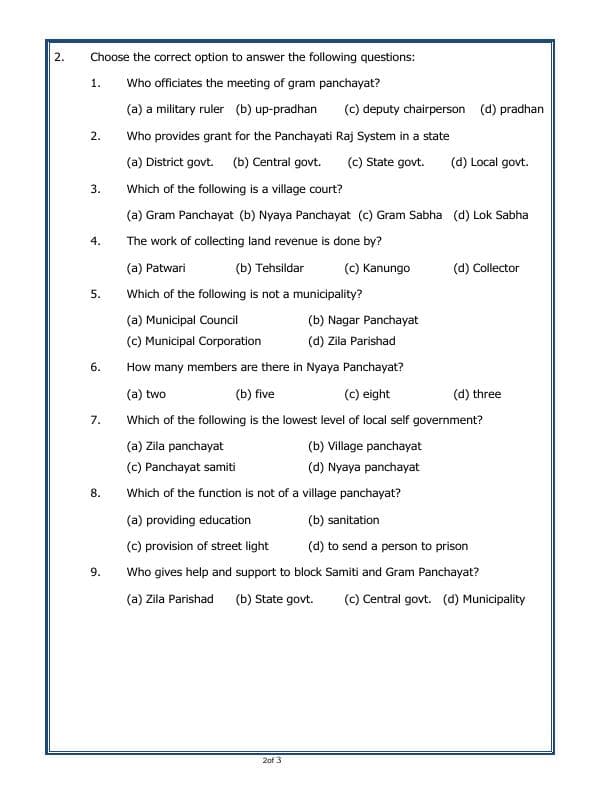 A2ZWorksheets:General Awareness-India and Its Neighbouring Countries-Panchayati Raj.