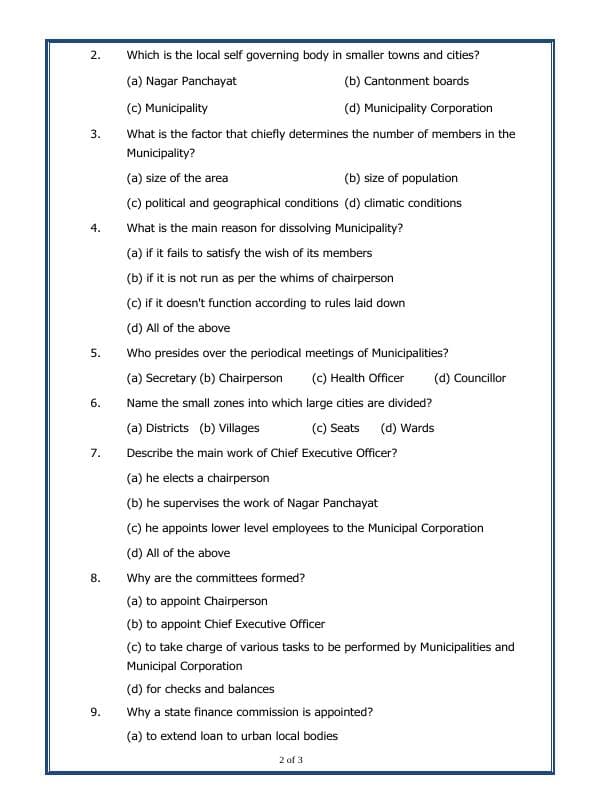 A2ZWorksheets:General Awareness-India and Its Neighbouring Countries-Urban Administration