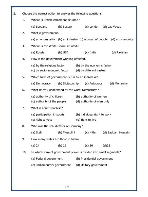 A2ZWorksheets:General Awareness-India and Its Neighbouring Countries-What Is Government