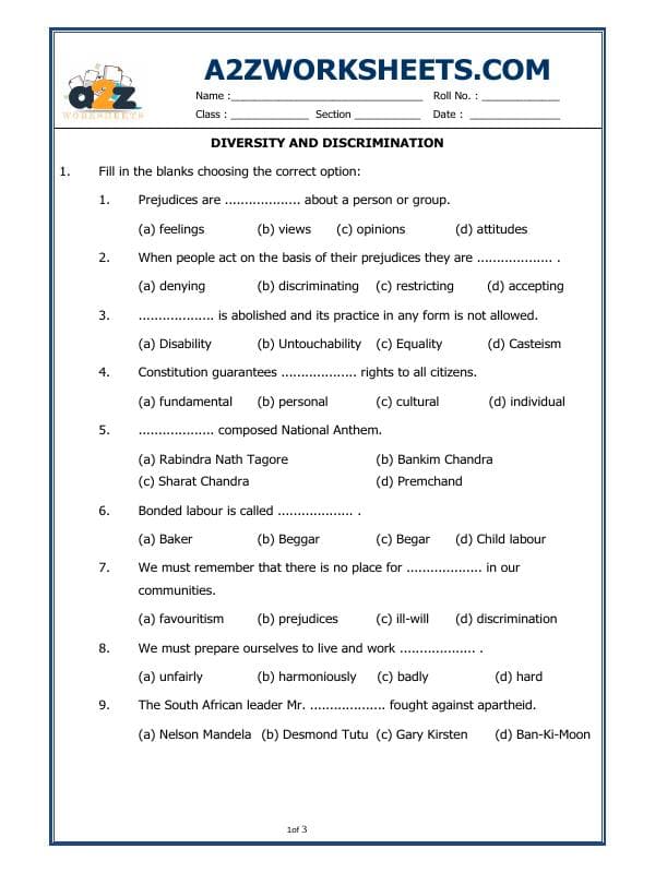 A2ZWorksheets:General Awareness-Our History and Heritage-Diversity And Discrimination