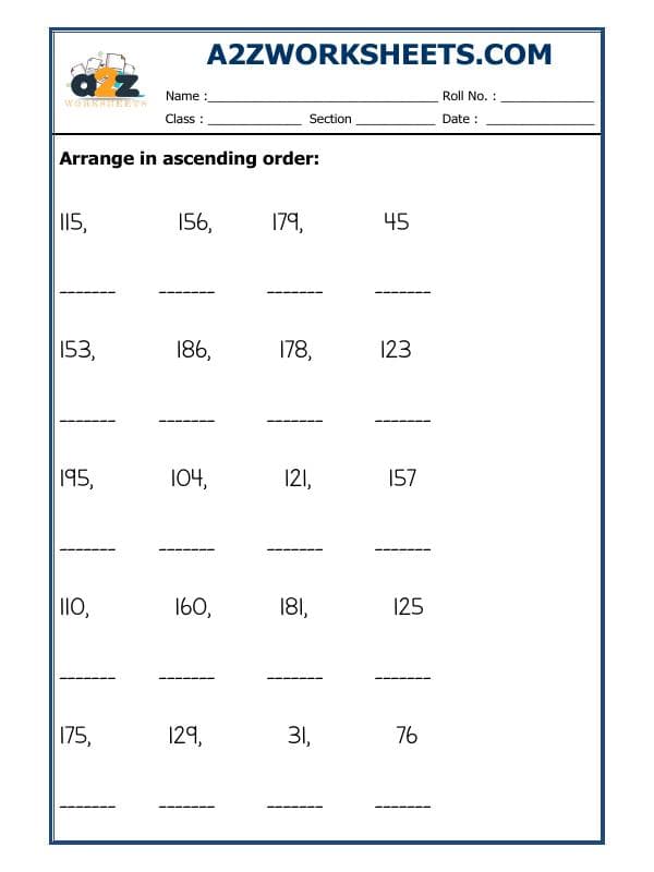 A2ZWorksheets:Maths-Numbers-Ascending Order