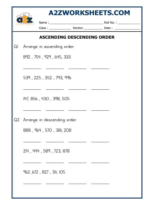 A2ZWorksheets:Maths-Numbers-Ascending Descending Class - 2