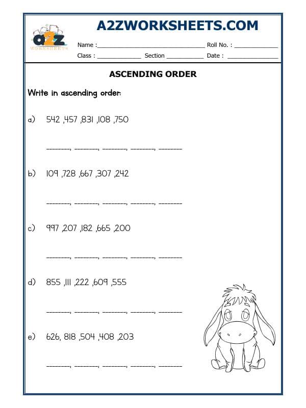 A2ZWorksheets:Maths-Numbers-Ascending Order