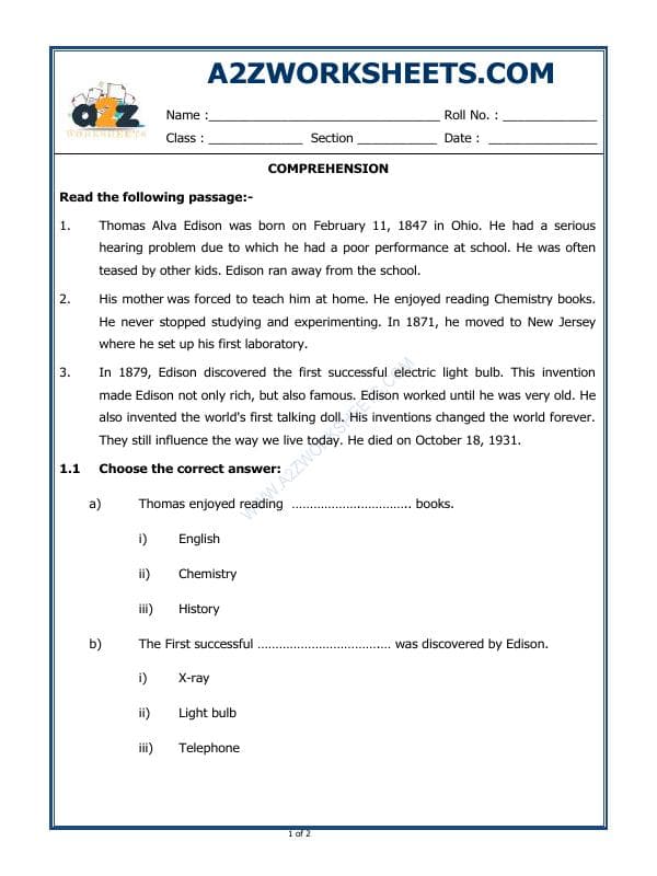 A2ZWorksheets:English-Reading-Comprehension Passage-04