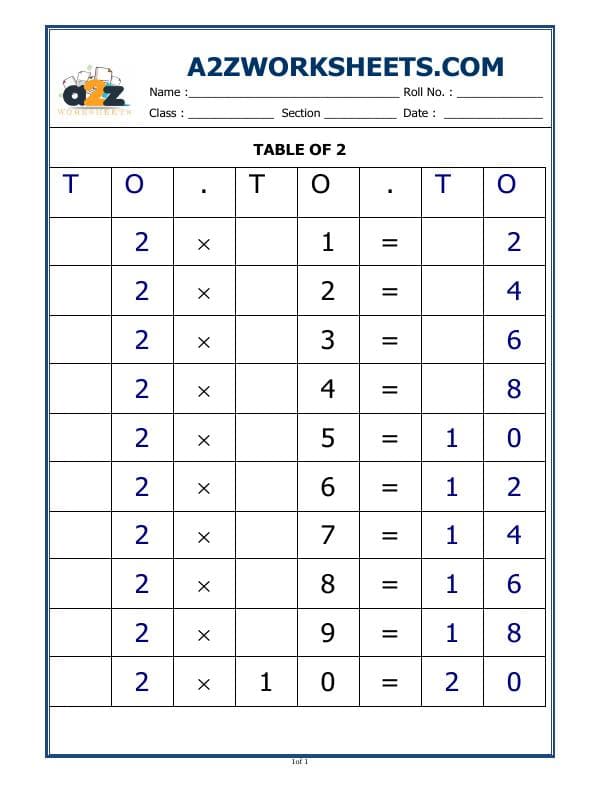 A2ZWorksheets:Maths-Multiplication-2 Times Table