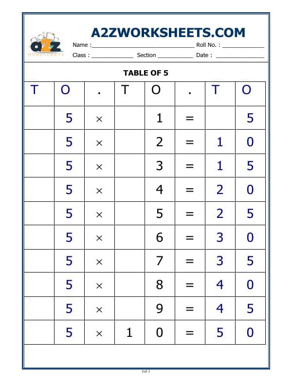 A2ZWorksheets:Maths-Multiplication-5 Times Table