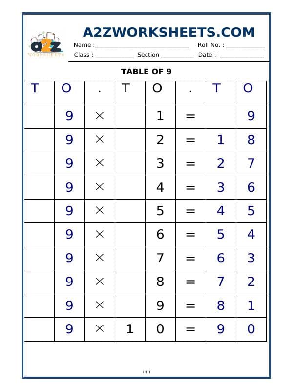 9 Times Table