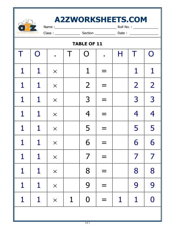 A2ZWorksheets:Maths-Multiplication-11 Times Table