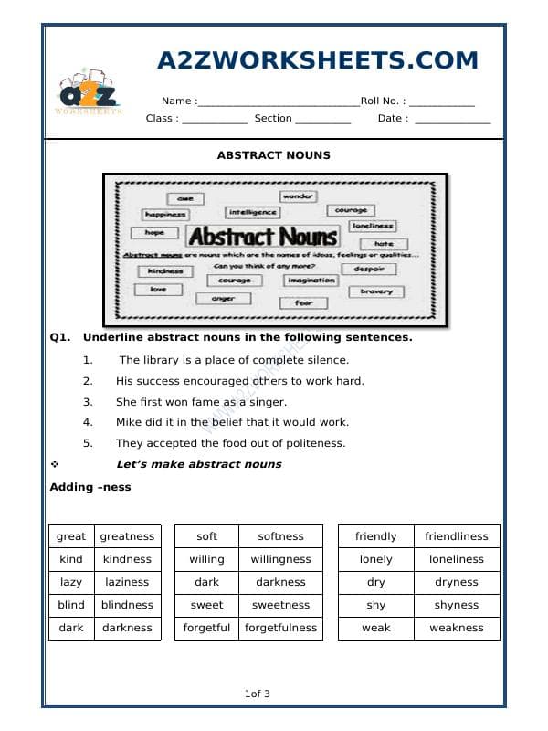 A2ZWorksheets:English-Grammar-Abstract Nouns