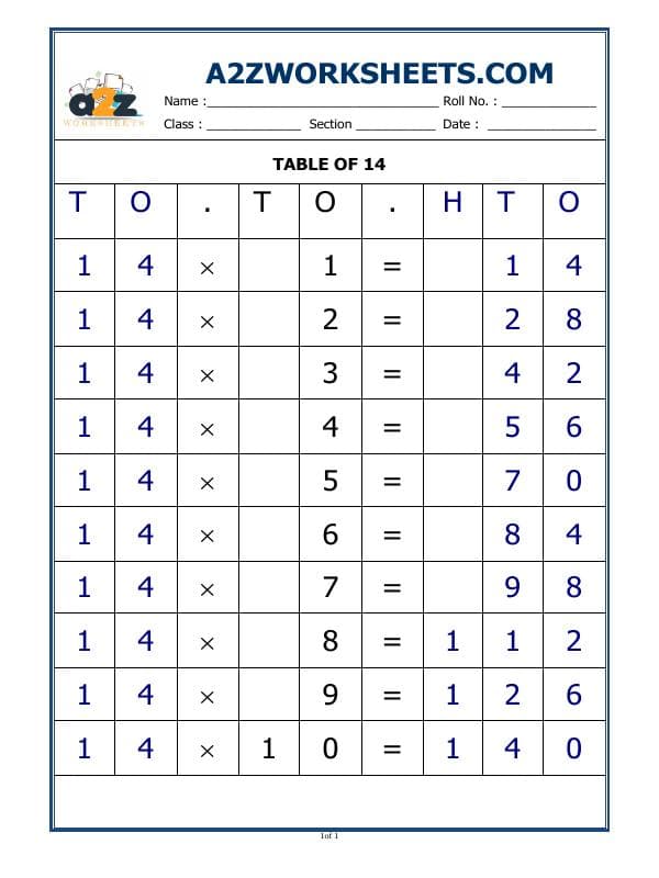 A2ZWorksheets:Maths-Multiplication-14 Times Table