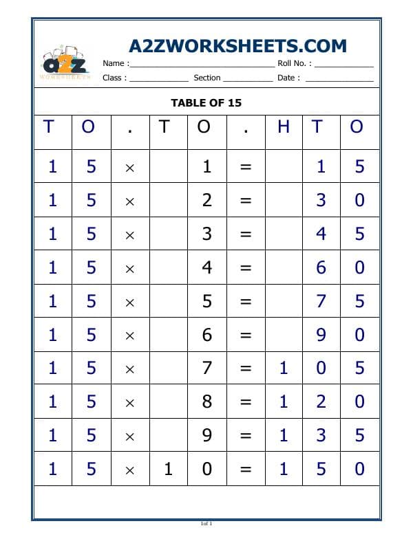 A2ZWorksheets:Maths-Multiplication-15 Times Table