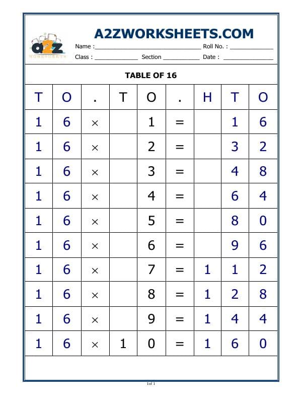 A2ZWorksheets:Maths-Multiplication-16 Times Table