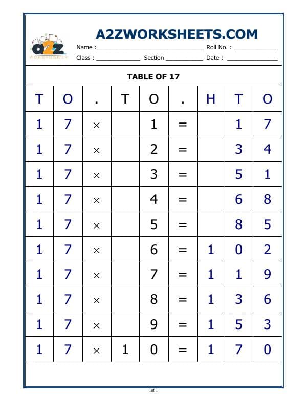 A2ZWorksheets:Maths-Multiplication-17 Times Table