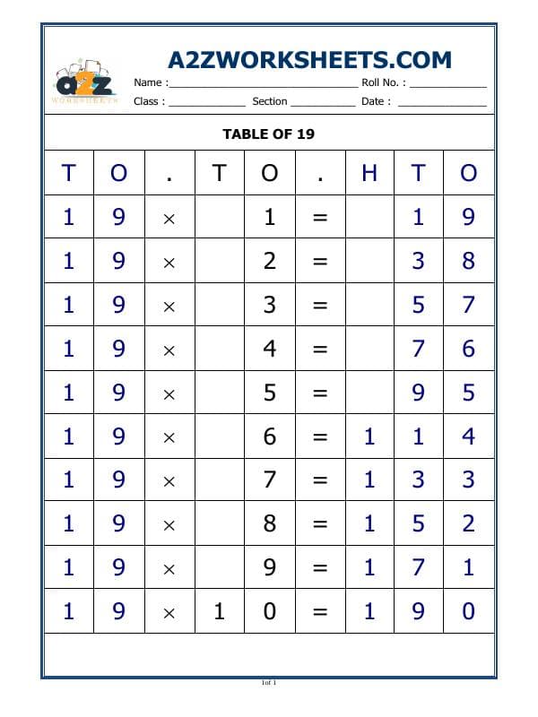 A2ZWorksheets:Maths-Multiplication-19 Times Table