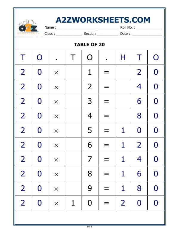 A2ZWorksheets:Maths-Multiplication-20 Times Table