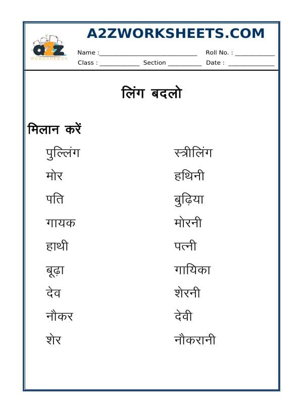 Hindi Worksheet - Change The Gender