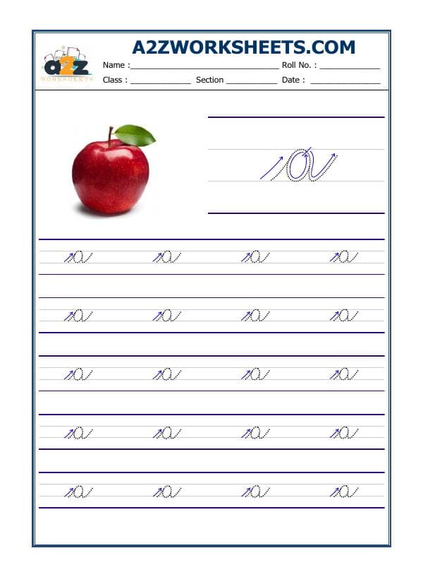 A2ZWorksheets:English-Writing-English Cursive Writing - Alphabet A