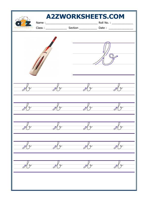 A2ZWorksheets:English-Writing-English Cursive Writing - Alphabet B