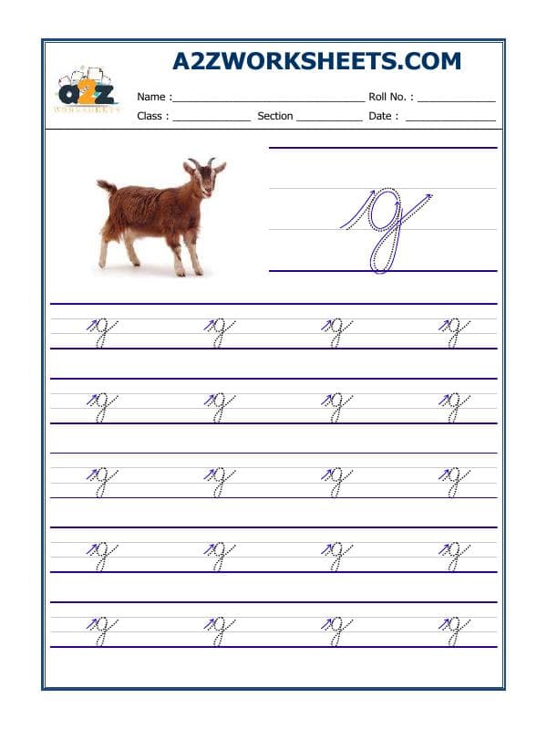 A2ZWorksheets:English-Writing-English Cursive Writing - Alphabet G