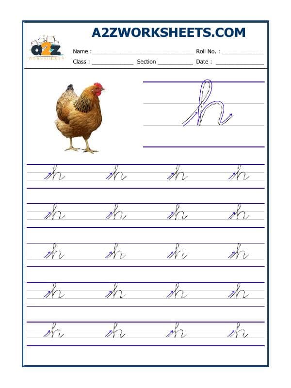 A2ZWorksheets:English-Writing-English Cursive Writing - Alphabet H