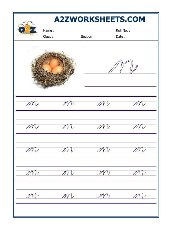 A2ZWorksheets:English-Writing-English Cursive Writing - Alphabet N