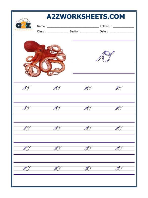 A2ZWorksheets:English-Writing-English Cursive Writing - Alphabet O
