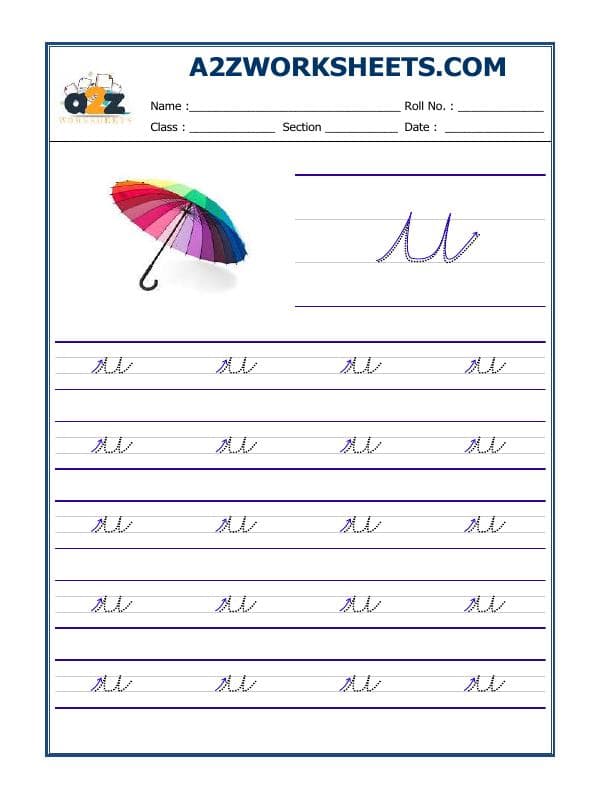 A2ZWorksheets:English-Writing-English Cursive Writing - Alphabet U
