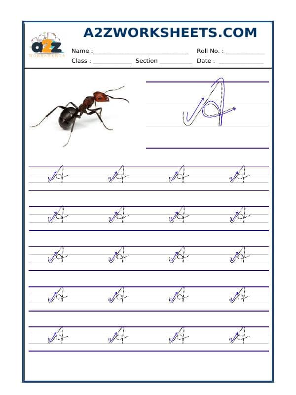A2ZWorksheets:English-Writing-English Cursive Writing - Alphabet A (Capital Letter)