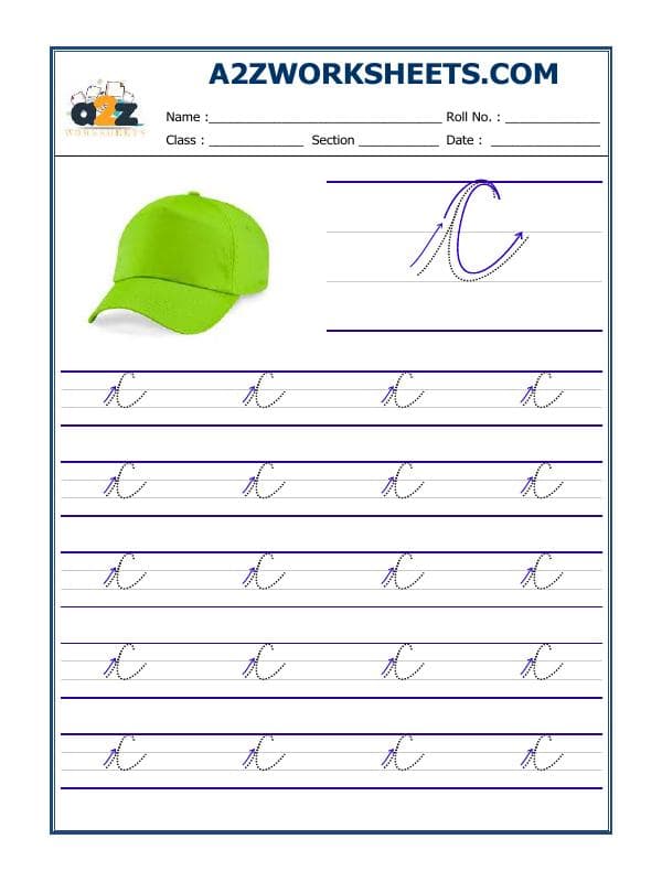 A2ZWorksheets:English-Writing-English Cursive Writing - Alphabet C (Capital Letter)