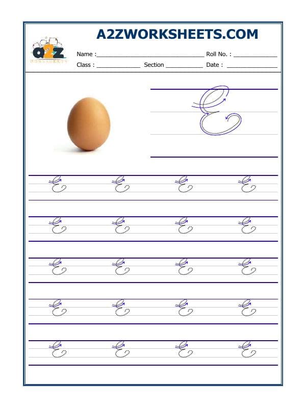 A2ZWorksheets:English-Writing-English Cursive Writing - Alphabet E (Capital Letter)