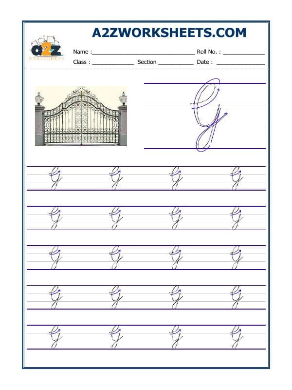 A2ZWorksheets:English-Writing-English Cursive Writing - Alphabet G (Capital Letter)